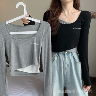 เสื้อยืดแขนยาว เอวลอย ตัวสั้น สไตล์ฝรั่งเศส สําหรับผู้หญิง