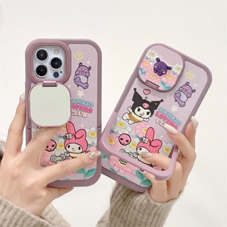 เคสโทรศัพท์มือถือ แบบแข็ง ลายดอกไม้ Sanrio Club Melody Kuromi พร้อมกระจกแต่งหน้า สําหรับ iPhone 14 Pro Max 14Plus 11 12 13 Pro Max X XR XS Max 11Pro 12 Pro Max