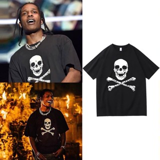 เสื้อยืดเปล่า Asap Rocky เดียวกันพิมพ์เสื้อยืดรูปแบบโครงกระดูก Tees ผู้ชายแฟชั่นฮิปฮอปวินเทจเสื้อยืดสีดําเสื้อยืดสีดําผู