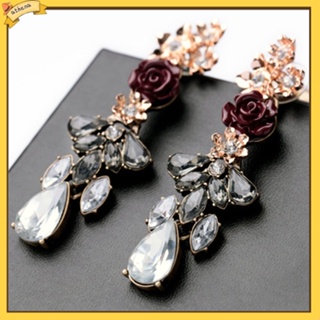 [Athena] Womens Elegant Rose Flower Rhinestone Ear Drops Earrings Wedding Bridal Jewelry