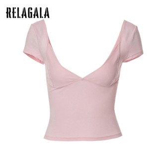 Relagala เสื้อยืดแขนสั้น คอวี สีพื้น เซ็กซี่ แฟชั่นสําหรับผู้หญิง