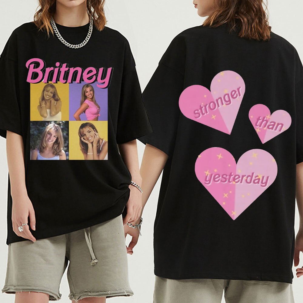เสื้อยืดสีขาวผู้หญิง Britney Spears แข็งแกร่งกว่าเมื่อวานเสื้อยืดพิมพ์ภาพถ่ายที่สวยงามเสื้อยืดฮิปฮอปขนาดใหญ่แขนสั้น Hara