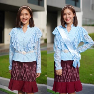 SPS เสื้อลูกไม้ เกรดพรีเมี่ยม ผ้านุ่ม ทรงสวยมาก มีอก S M L XL XXL 3XL สีฟ้า เสื้อชุดไทยแขนยาว ระบายนาง Blouse