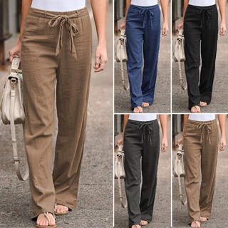 Women Casual Plus Size Elastic Waist Belt Tie Wide Leg Loose Pants