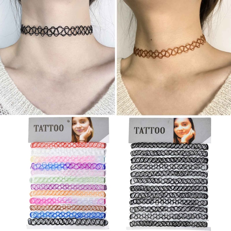 Noe ชุด 12 พลาสติก Tattoo Choker สร้อยคอ Vintage สายตกปลายืด Tattoo Chain สร้อยคอ DIY เครื่องประดับ 
