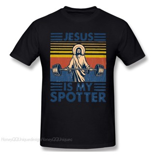 เสื้อยืด ผ้าฝ้ายแท้ พิมพ์ลาย Jesus Is My Spotter สีดํา สําหรับผู้ชาย ใส่ออกกําลังกาย เพาะกาย