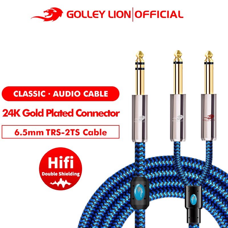 Golley LION สายเคเบิลแยกเสียงสเตอริโอ 6.5 มม. 1/4 นิ้ว Trs เป็น 6.35 มม. Dual 2 Ts สีฟ้า