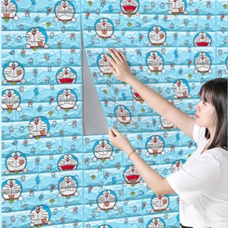 3D DIY สติ๊กเกอร์วอลเปเปอร์โฟมกันน้ําสําหรับติดตกแต่งผนังบ้าน รูปแบบโดราเอมอนรูปแบบคิตตี้การ์ตูนอิฐ 3 มิติ