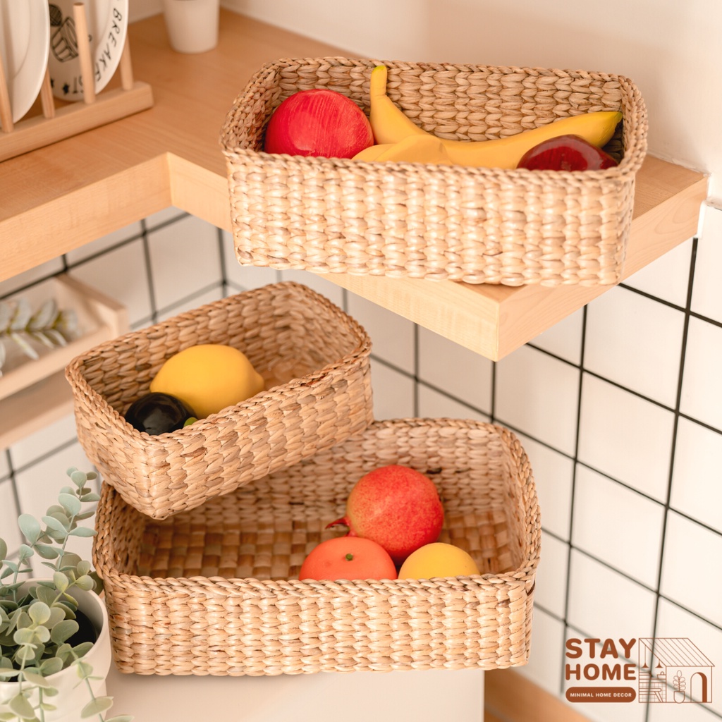 กล่องผักตบชวาลายรวงข้าว ตะกร้าสาน กล่องจัดระเบียบ stayhome รุ่น basic