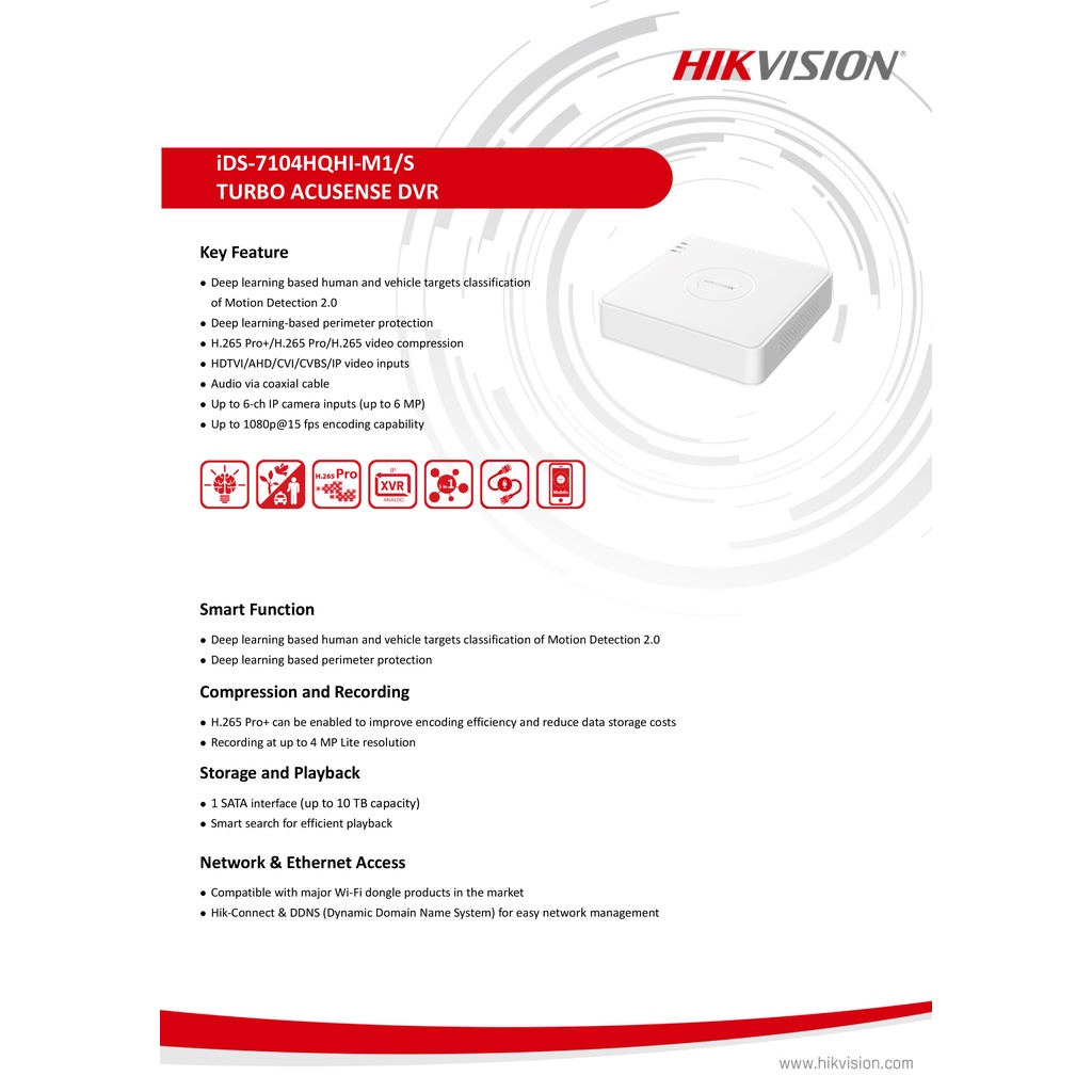 HIKVISION เครื่องบันทึกกล้องวงจรปิด 2MP 4CH iDS-7104HQHI-M1/S รุ่นใหม่ของ DS-7104HQHI-K1(S) ใช้ร่วมกับกล้องที่มีไมค์ได้