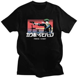 เสื้อเด็กหญิง คลาสสิกย้อนยุคพิกเซลคาวบอย Bebop เสื้อยืดผู้ชายแขนสั้นอะนิเมะมังงะด้านบน Spike Spiegel Tshirt Pre-shrunk ฝ