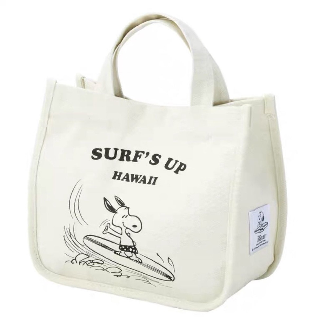 ใส่โค้ด INCLZ12 ลด 50% ใหม่ Snoopy ผ้าใบกระเป๋าถือนักเรียนกระเป๋าถือผ้าถุงอาหารกลางวันขนาดเล็ก