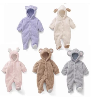 Babyonline(Y421)2F1-2G1 (ส่งด่วน1วัน)ชุดบอดี้สูทขายาวมีหมวกสำหรับเด็กแรกเกิดลายหมีขนสัตว์ อบอุ่น นิ่ม