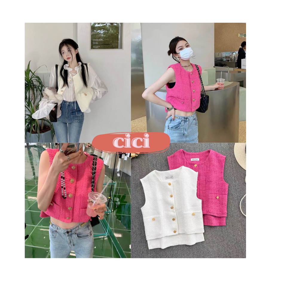 ส่งทันที Cici ❣🇹🇭🚚พร้อมส่ง❣(3053)เสื้อกล้าม ผ้าทวิต กระเป๋าหน้า แต่งกระดุมสีทองมีซับใน เรียบหรูดูเป็นผู้ดีมาก