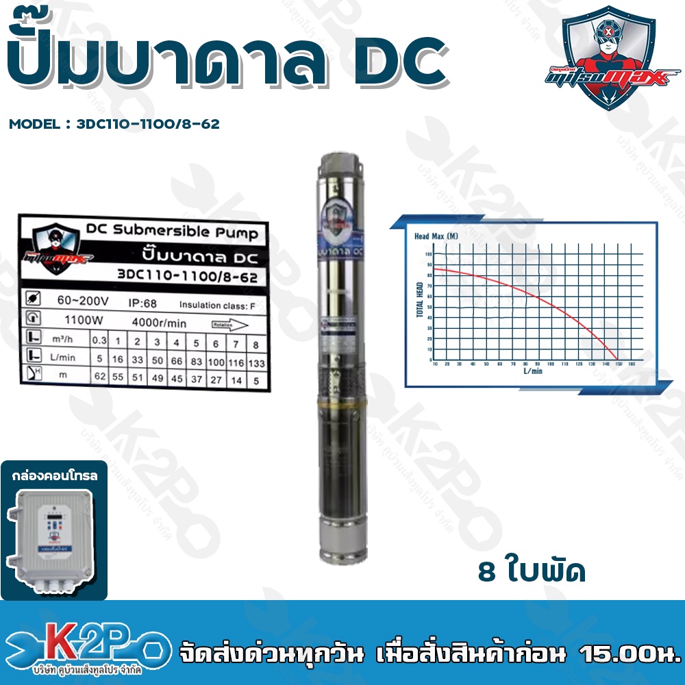Mitsumax ปั๊มบาดาล DC 1100W บ่อ 3 นิ้ว 8 ใบพัด ดูดลึก 62 เมตร ท่อส่ง 1.5 นิ้ว รุ่น 3DC110-1100/8-62 