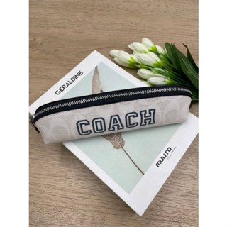 กระเป๋าใส่ดินสอ Coach Pencil Case In Signature Canvas With Varsity Motif CC054 ลายซี สีครีม ฟ้า