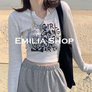 EMILIA SHOP เสื้อ เสื้อครอป เสื้อผ้าแฟชั่นผู้หญิง เสื้อแขนยาวไหมพรม 2022 ใหม่ S051115