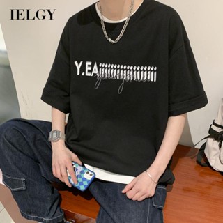 Ielgy เสื้อยืดลําลอง แขนสั้น พิมพ์ลายตัวอักษร ทรงหลวม สไตล์เกาหลี สําหรับผู้ชาย