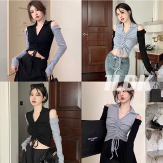1LDK🌈พร้อมส่ง🌈เสื้อไหมพรม แขนยาว ปาดไหล่ รูดเชือกปรับด้านหน้าได้(71025)