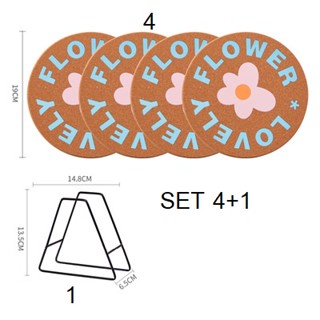 แผ่นรองหม้อ ที่รองหม้อ ที่รองกระทะ ที่รองหม้อ  รองแก้ว 4 ใบพร้อมที่วางเก็บ พร้อมส่งค่ะ