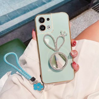 เคส OPPO Reno 8T 8Z Reno 7Z Reno6 Z Reno5 Reno4 A92 A52 A53 2020 เคสโทรศัพท์มือถือ ลายมงกุฎ หูกระต่าย พร้อมกระจกแต่งหน้า และสายคล้อง หรูหรา สําหรับ