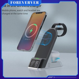 6 In 1 Wireless Charger 15W Fast Charging สำหรับ Iphone 14 13 Multi-Function นาฬิกาปลุกไร้สายสำหรับ Apple Watch Fore