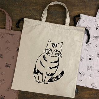 กระเป๋า Drawstring Tote Bag ลาย Stripe &amp; Food สีเบจ ผลงานจากคุณ Miyuki Matsuo ศิลปินญี่ปุ่น