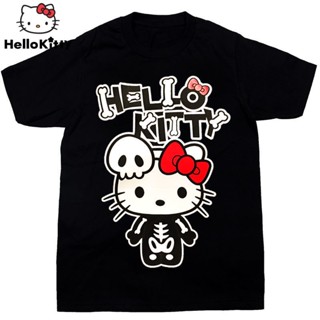 【เสื้อยืดใหม่】Sanrio Hello Kitty Y2k T เสื้อฮาโลวีนสีดำผ้าฝ้าย 100% แขนสั้นเสื้อยืดสำหรับผู้หญิงสาว Student