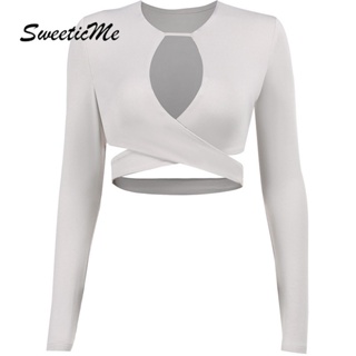 Sweeticme ใหม่ เสื้อยืดลําลอง แขนยาว เข้ารูป เซ็กซี่ สีพื้น แฟชั่นสําหรับสตรี 2022