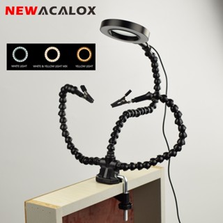 NEWACALOX Soldering Iron Holder PCB Clip Welding Repair Fixture Tool USB 3X LED Magnifier Soldering Flexible Arm Third H