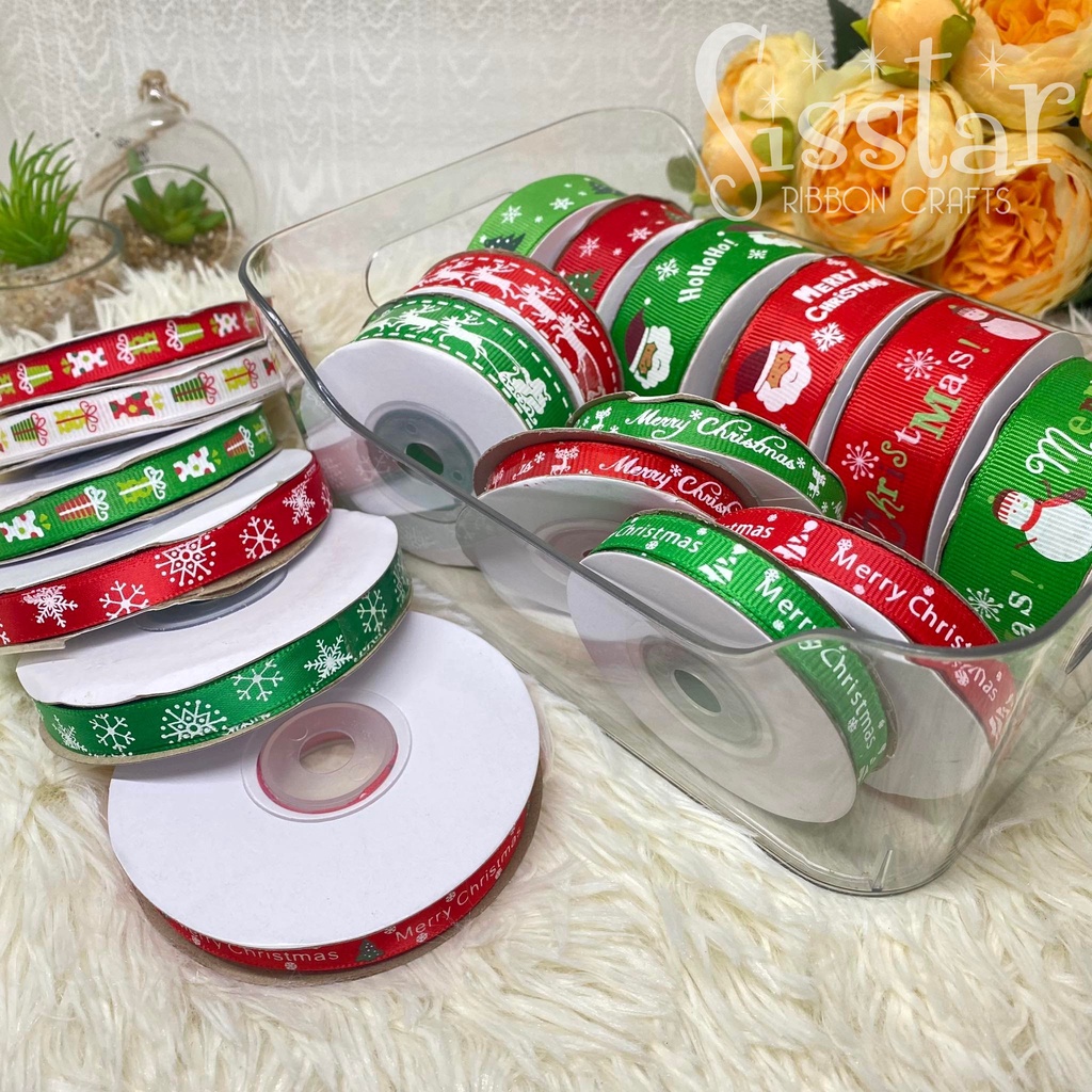 ขายส่ง ริบบิ้นคริสต์มาส ริบบิ้นพิมพ์ลายเกล็ดหิมะ ริบบิ้นกรอสเกรน 5-25 หลา