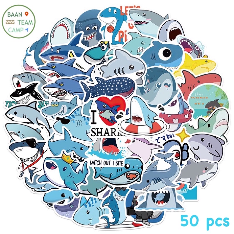 สติ๊กเกอร์ ปลาฉลาม 292 สัตว์โลกน่ารัก 50ชิ้น กันน้ำ Sticker Fish สัตว์ทะเล Ocean world อควาเรียม sealife ปลาทะเล ปลาโลมา