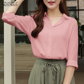 Zanzea เสื้อเชิ้ตลําลอง คอปก แขน 3/4 ผ้าฝ้าย สีพื้น แฟชั่นสําหรับสตรี