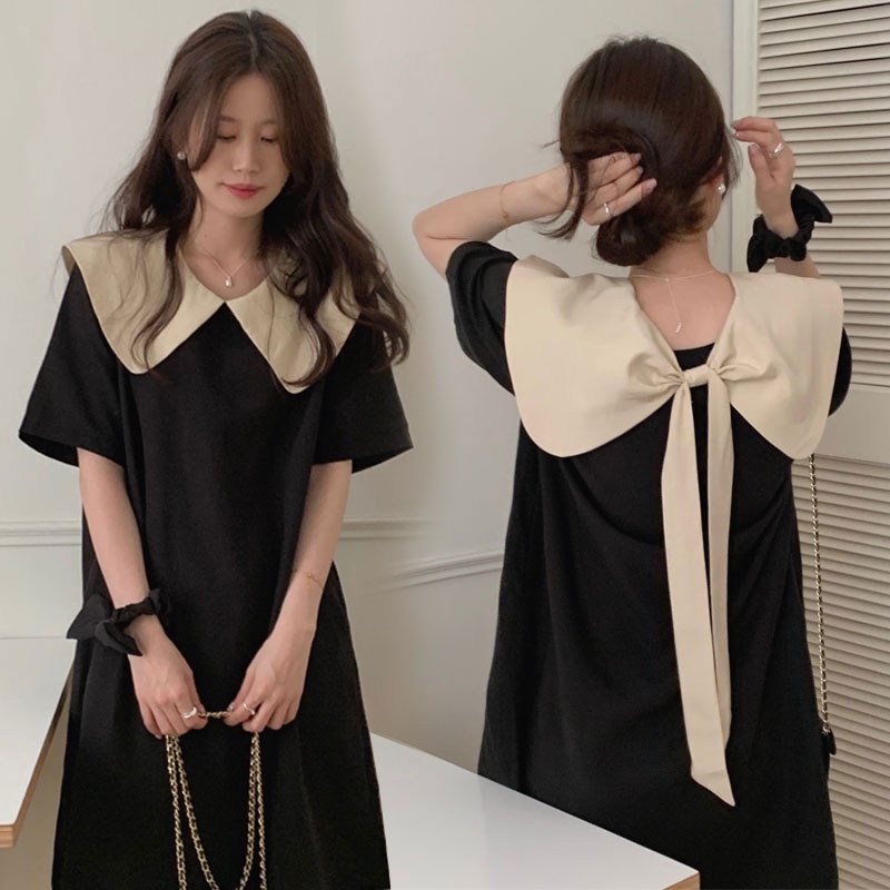 เดรสสั้นไซส์ใหญ่สไตล์ฝรั่งเศสฤดูร้อน  เดรสแฟชั่นฤดูร้อน เดรสคอปกตุ๊กตา ทรงหลวม สีดำ ชุดคลุมท้อง