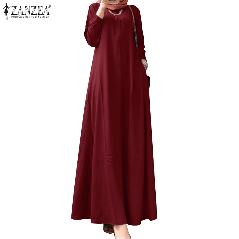 Zanzea Women Muslim Street Fashion With Side Pockets Puff Sleeves A Swing Maxi Solid Dress