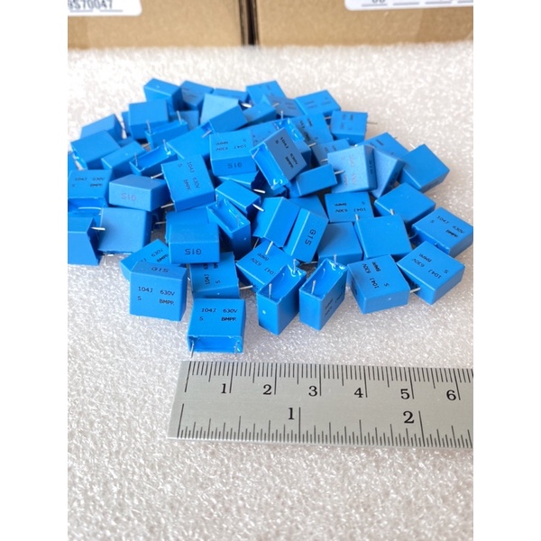 (แพ็ค50ตัว) C 0.1UF 630V (104=100NF) 104PF สีฟ้า G15 ขาห่าง10 มิล สินค้าเกรดอย่างดี C0.1UF630V C 0.1