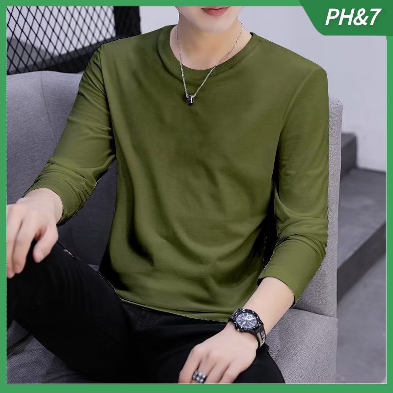 เสื้อยืดแขนยาว พิมพ์ลาย สีพื้น แฟชั่นสําหรับผู้ชาย