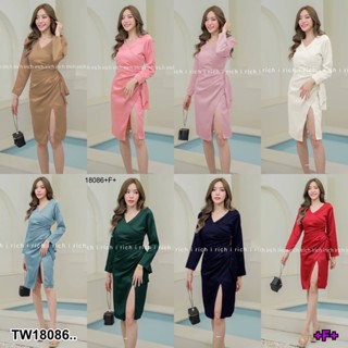 SS18086 Dress เดรสแขนยาว สีพื้น แต่งจีบ ผ่าหน้า