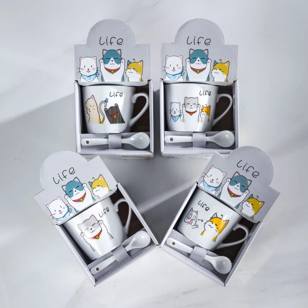แก้วกาแฟ งานเซรามิค เหมาะกับชาวออฟฟิต ของขวัญ + ช้อนน่ารักๆเข้าอุ่นเข้าเวฟได้ แก้วต้าวแมว
