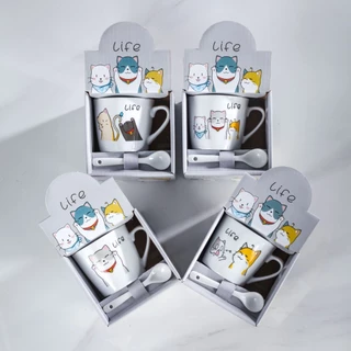 แก้วกาแฟ งานเซรามิค เหมาะกับชาวออฟฟิต ของขวัญ + ช้อนน่ารักๆเข้าอุ่นเข้าเวฟได้ แก้วต้าวแมว