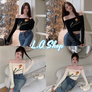 L.A Shop พร้อมส่ง  เสื้อไหมพรมเปิดไหล่ ผ้าร่อง ดีเทลลายดอกทิวลิปน่ารักมาก "98116"