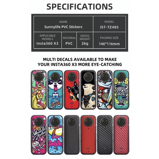 Sunnylife PVC Stickers Decals Protective Skin Film Scratch-proof Accessories for Insta360 X3