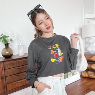 🌻เสื้อครอปแขนยาวสเวตเตอร์สกรีนลายสุดคิ้วท์ปลายแขนจั๊ม Sweater (Cookie bear)