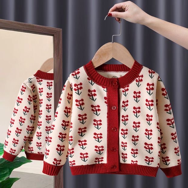พร้อมส่ง เสื้อสเวตเตอร์ผ้าไหมพรมสีแดงลายเชอรี่ ผ้าด้านในบุสำลีหนาๆ ติดกระดุมน่ารัก ใส่อุ่นๆ (SWT Redcherry)