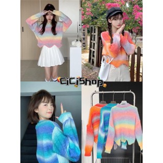 Cicishop(888)เสื้อสเวตเตอร์แขนยาวไหมพรมถัก ลายทางสลับสี colorful  เนื้อผ้าหนานุ่ม น่ารักสไตล์​เกาหลี