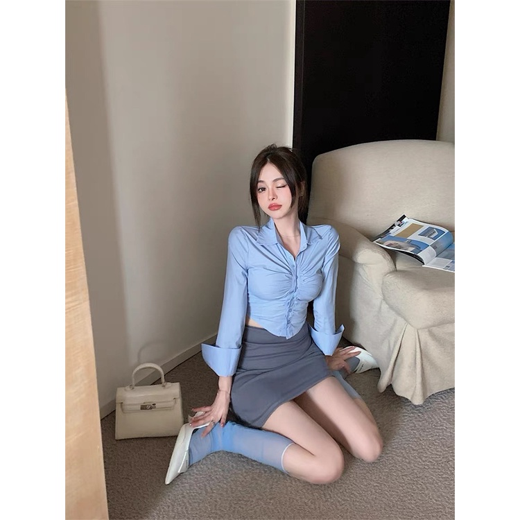 Cicishop(0815A)Mini Shirts เสื้อเชิ้ตครอปเว้าเอว ดีเทลเย็บตรงอกเก๋ๆ สไตล์เกาหลี - รูปที่ 4