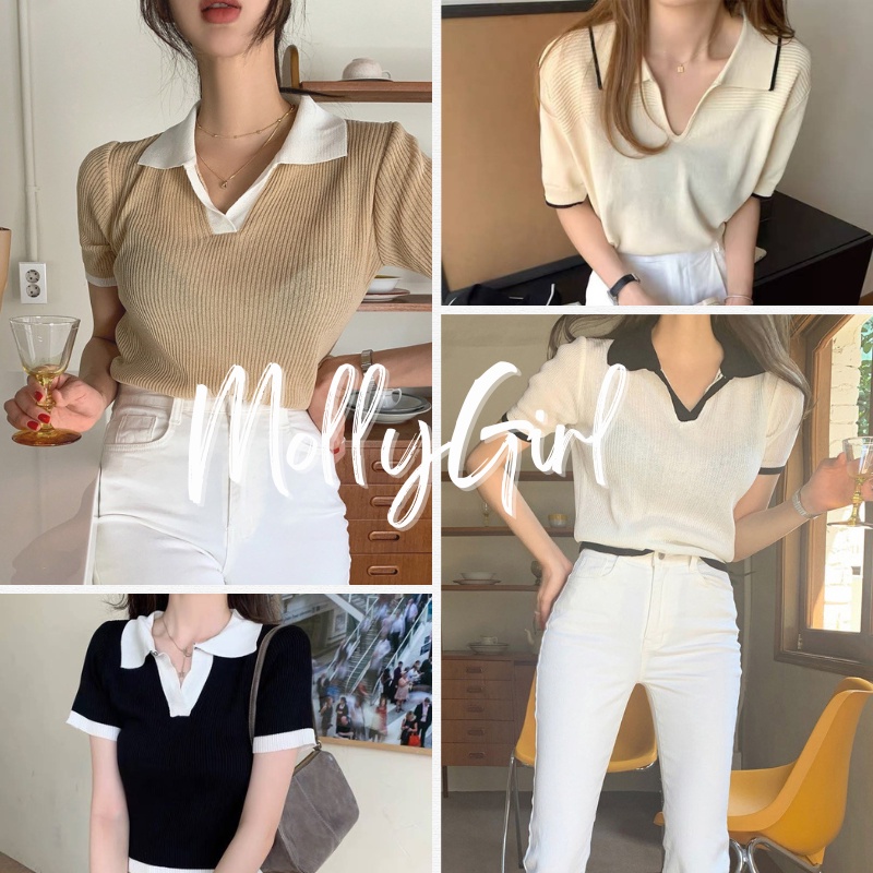 Mollygirl เสื้อครอปไหมพรมคอปกแขนสั้นน่ารักเกาหลีสุดๆ เสื้อยืด เสื้อแฟชั่นผญ