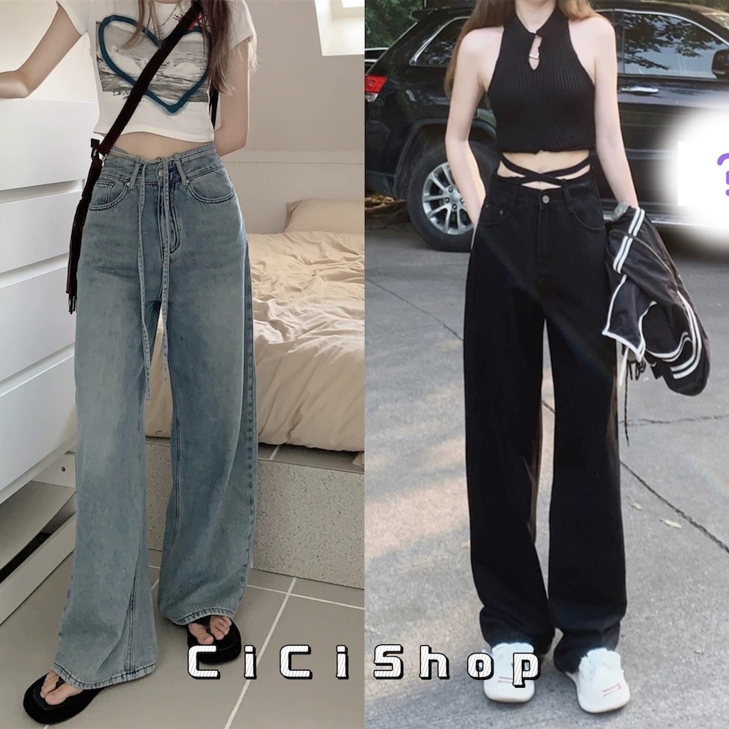 Cicishop(8009)กางเกงยีนส์ทรงเอวสูงทรงกระบอก แต่งสายรูดเอว ทรงสวย เท่ เก๋ จับแมทซ์ได้ทุกลุค