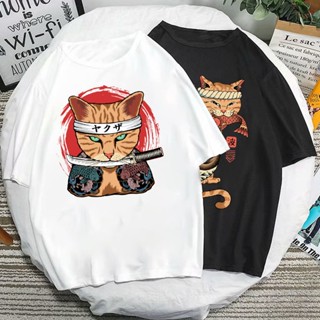 เสื้อเด็กหญิง ญี่ปุ่น Catana ซามูไรแมว Tshirts ตลกเลวตูดแมวพิมพ์สั้น sleev Tee ผู้หญิงผู้ชายสบาย ๆ แฟชั่นสตรีทแวร์ Roupa