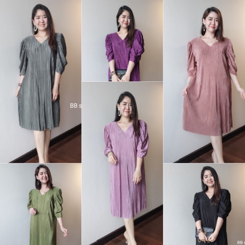ชุดพลีทใส่ออกงาน ชุดเดรสเนื้อผ้าอัดพลีส b103 ชุดพลีสทรงเรียบหรูดูแพง ชุดพลีทเนื้อผ้าใส่สบายชุดใส่ทำงานb103 แขนเจ้าหญิง